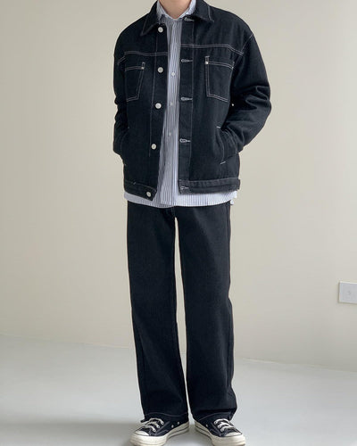 Zhou Regular Fit Stitched Outline Denim jacket & Comfty Jeans Set-korean-fashion-Clothing Set-Zhou's Closet-OH Garments