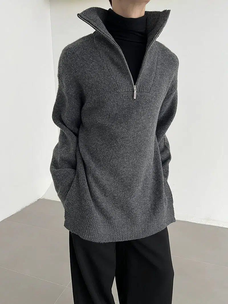 Zhou Ribbed Knit High Collar Half-Zip-korean-fashion-Half-Zip-Zhou's Closet-OH Garments
