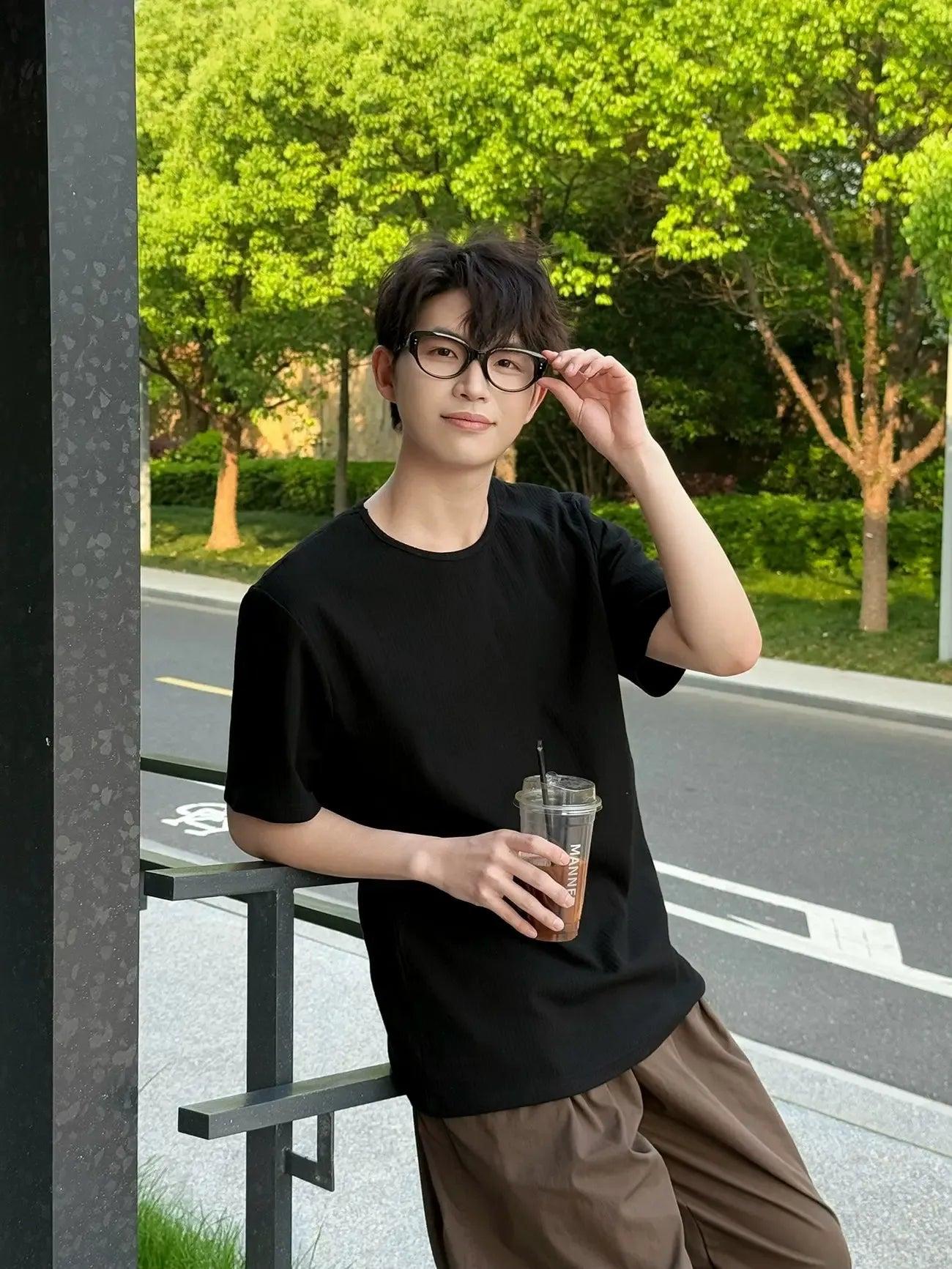 Zhou Round Neck Textured T-Shirt-korean-fashion-T-Shirt-Zhou's Closet-OH Garments