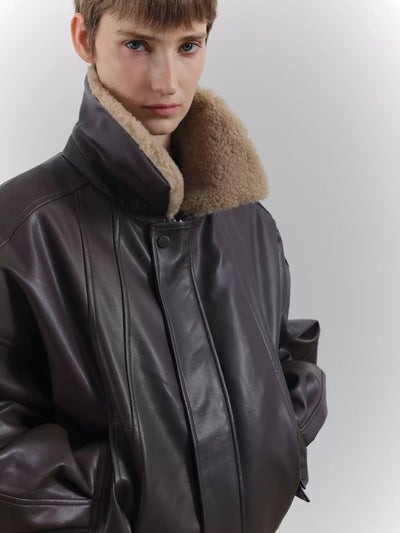 Zhou Shearling Collar PU Leather Jacket-korean-fashion-Jacket-Zhou's Closet-OH Garments