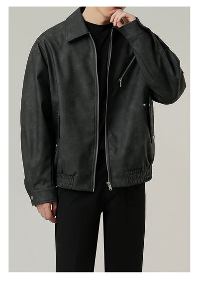 Zhou Slant Zipped Pocket PU Leather Jacket-korean-fashion-Jacket-Zhou's Closet-OH Garments