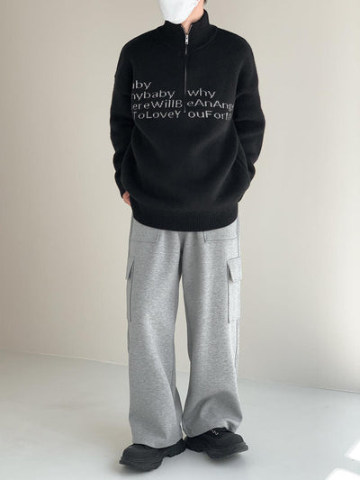 Zhou Slogan Text Knitted Half-Zip-korean-fashion-Half-Zip-Zhou's Closet-OH Garments