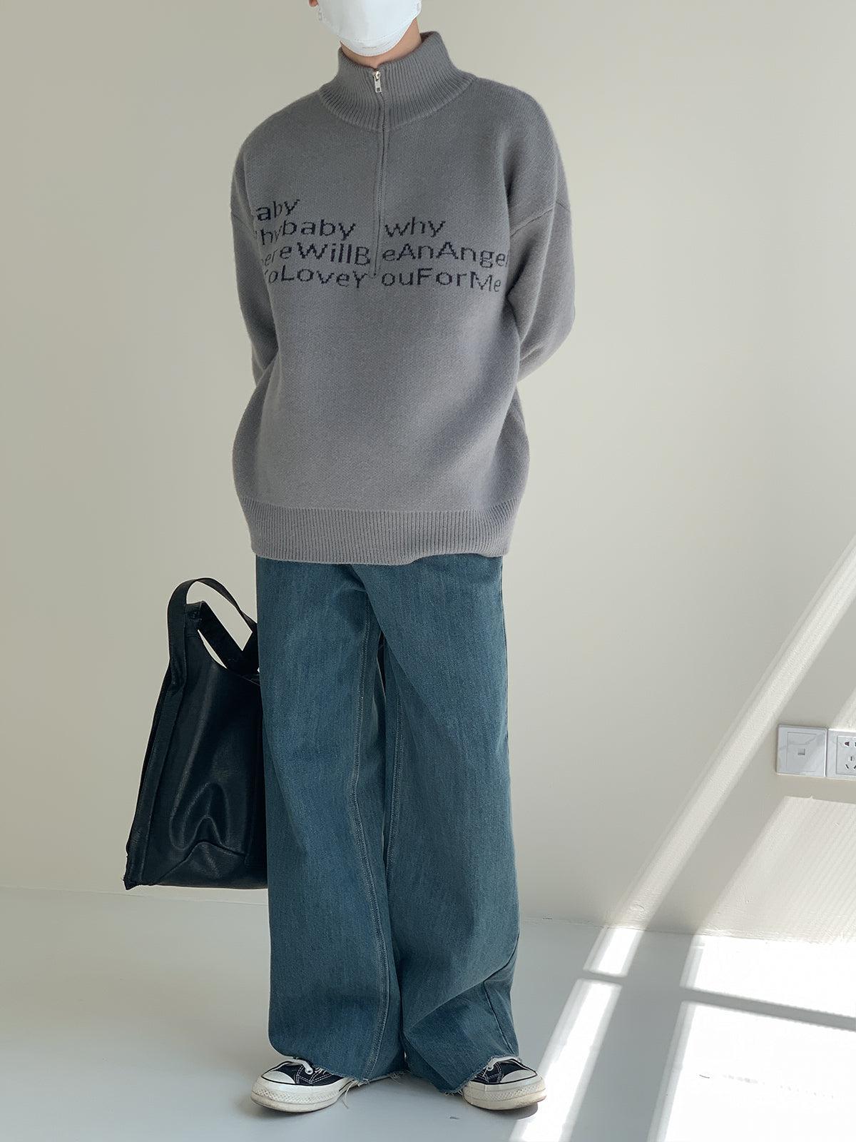 Zhou Slogan Text Knitted Half-Zip-korean-fashion-Half-Zip-Zhou's Closet-OH Garments
