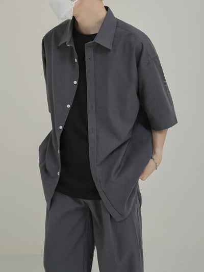 Zhou Solid Color Neat Shirt & Pants Set-korean-fashion-Clothing Set-Zhou's Closet-OH Garments