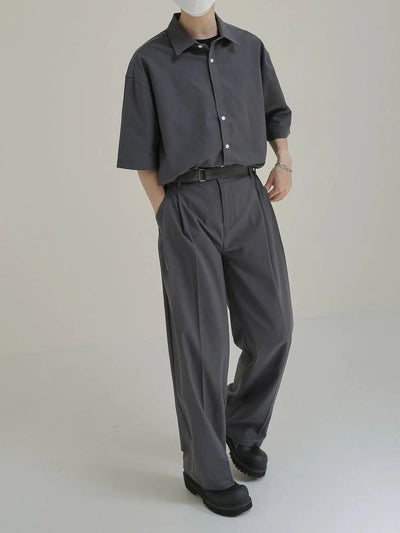 Zhou Solid Color Neat Shirt & Pants Set-korean-fashion-Clothing Set-Zhou's Closet-OH Garments