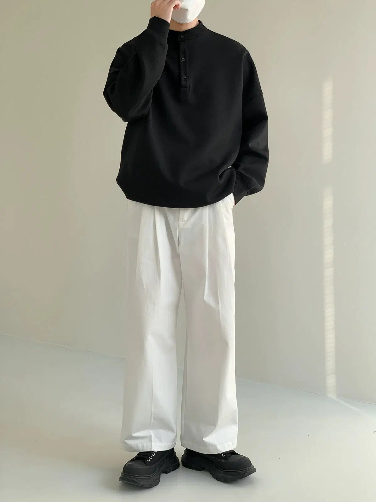 Zhou Solid Henry Collar Long Sleeve T-Shirt-korean-fashion-T-Shirt-Zhou's Closet-OH Garments