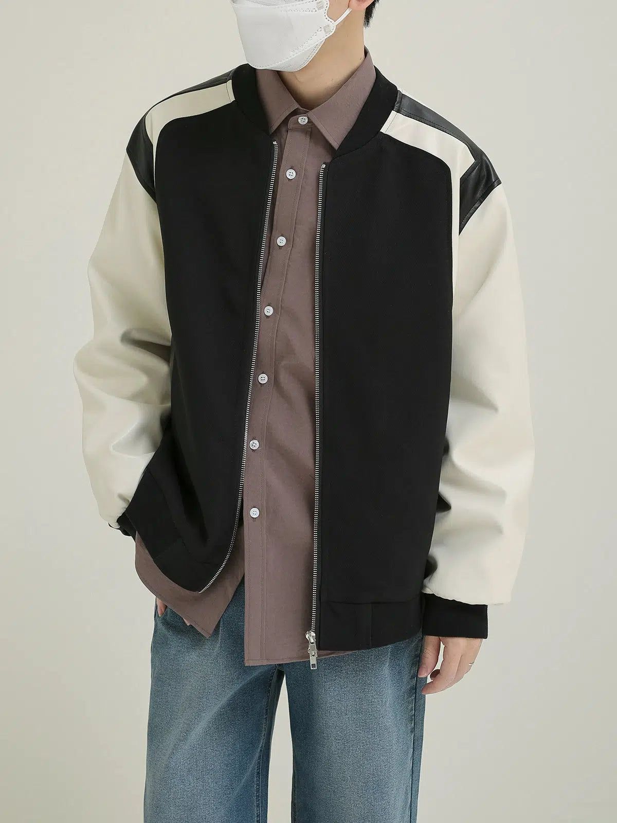 Zhou Spliced Leather Contrast Bomber Jacket-korean-fashion-Jacket-Zhou's Closet-OH Garments