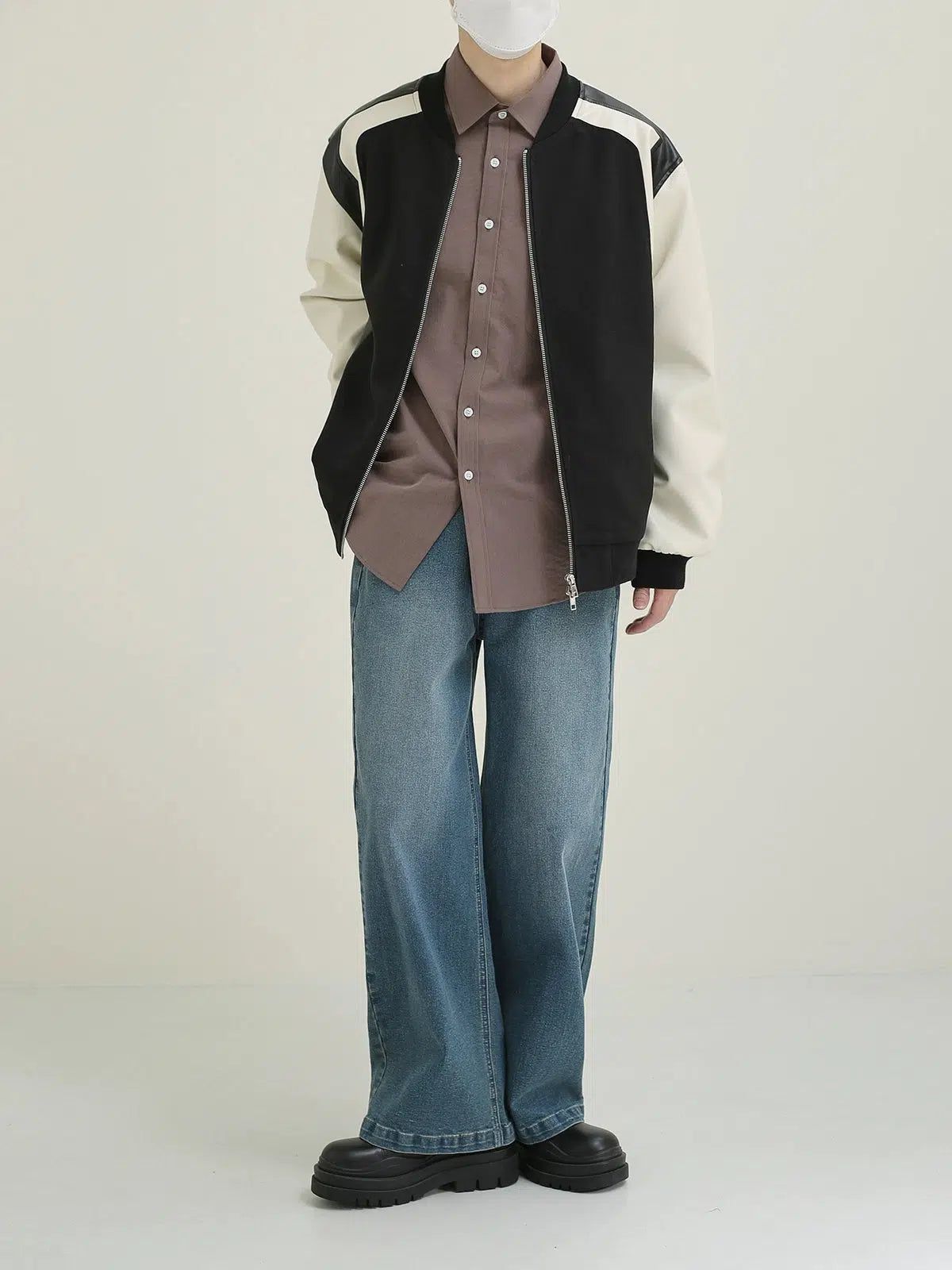 Zhou Spliced Leather Contrast Bomber Jacket-korean-fashion-Jacket-Zhou's Closet-OH Garments