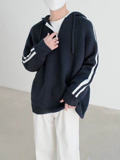 Zhou Sports Striped Knit Half-Zip Hoodie-korean-fashion-Hoodie-Zhou's Closet-OH Garments