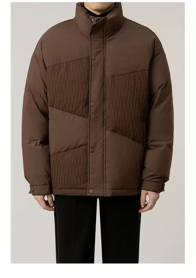 Zhou Stand Collar Textured Contrast Down Jacket-korean-fashion-Jacket-Zhou's Closet-OH Garments