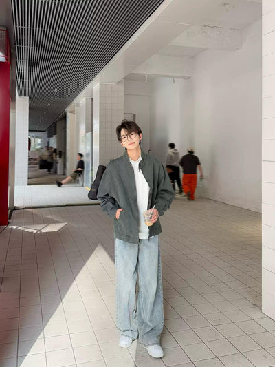 Zhou Stand Collar Washed Denim Jacket-korean-fashion-Jacket-Zhou's Closet-OH Garments