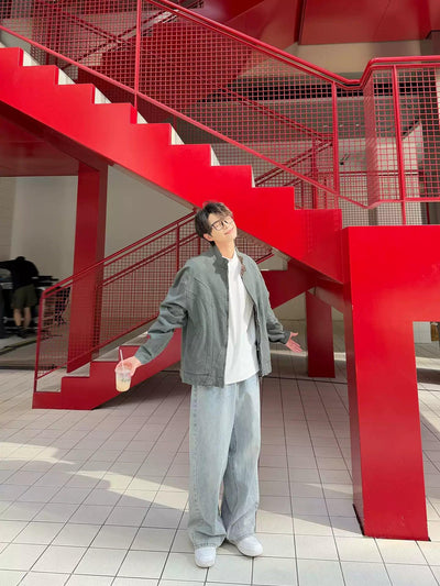 Zhou Stand Collar Washed Denim Jacket-korean-fashion-Jacket-Zhou's Closet-OH Garments