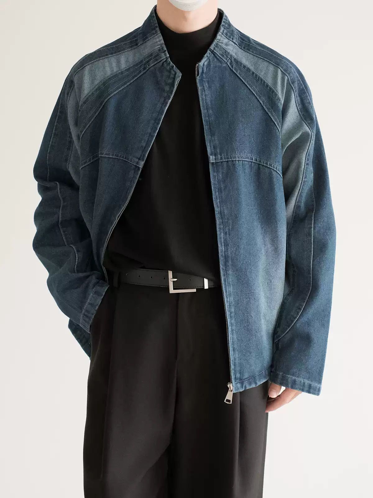 Zhou Stitched Contrast Detail Denim Jacket-korean-fashion-Jacket-Zhou's Closet-OH Garments