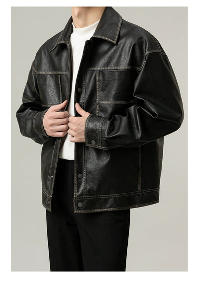 Zhou Stitched Pocket PU Leather Jacket-korean-fashion-Jacket-Zhou's Closet-OH Garments