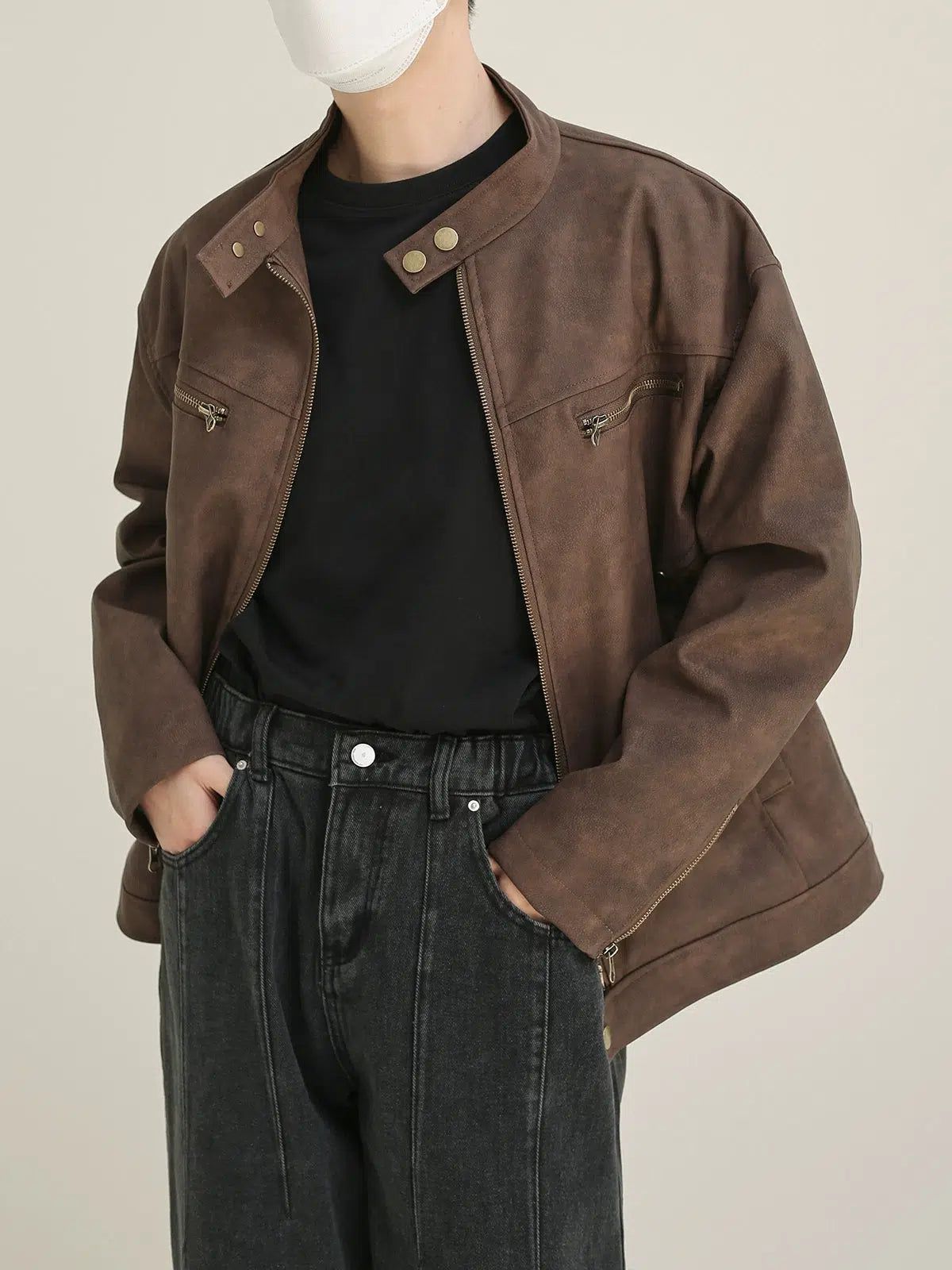 Zhou Strap Collar Faux Leather Jacket-korean-fashion-Jacket-Zhou's Closet-OH Garments