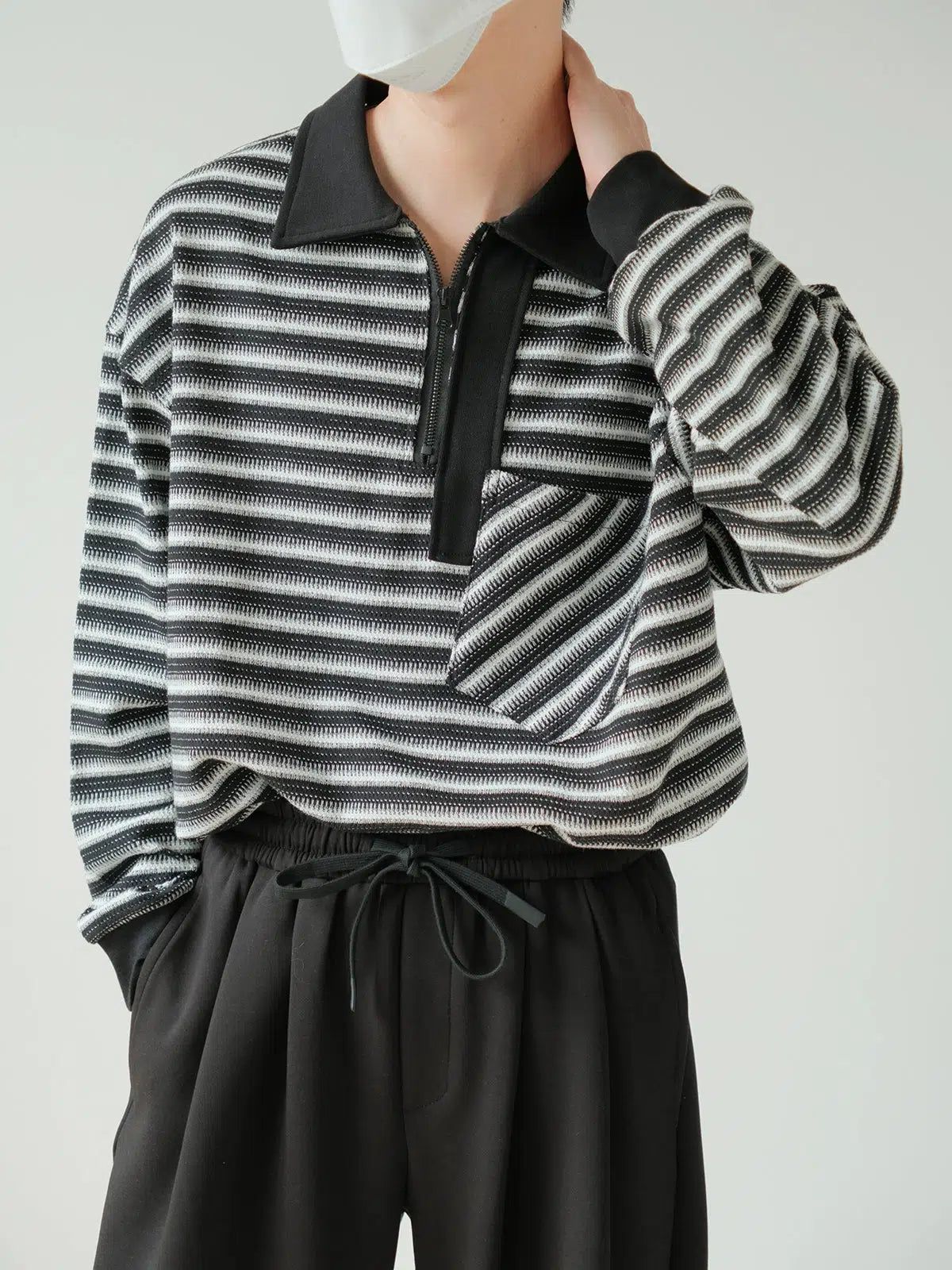 Zhou Striped Collared Half-Zip-korean-fashion-Half-Zip-Zhou's Closet-OH Garments