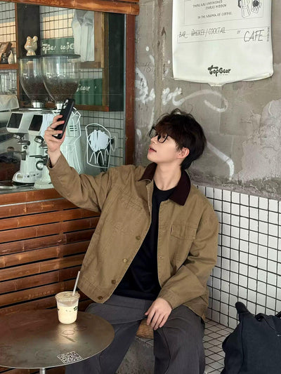 Zhou Structured Contrast Collared Denim Jacket-korean-fashion-Jacket-Zhou's Closet-OH Garments