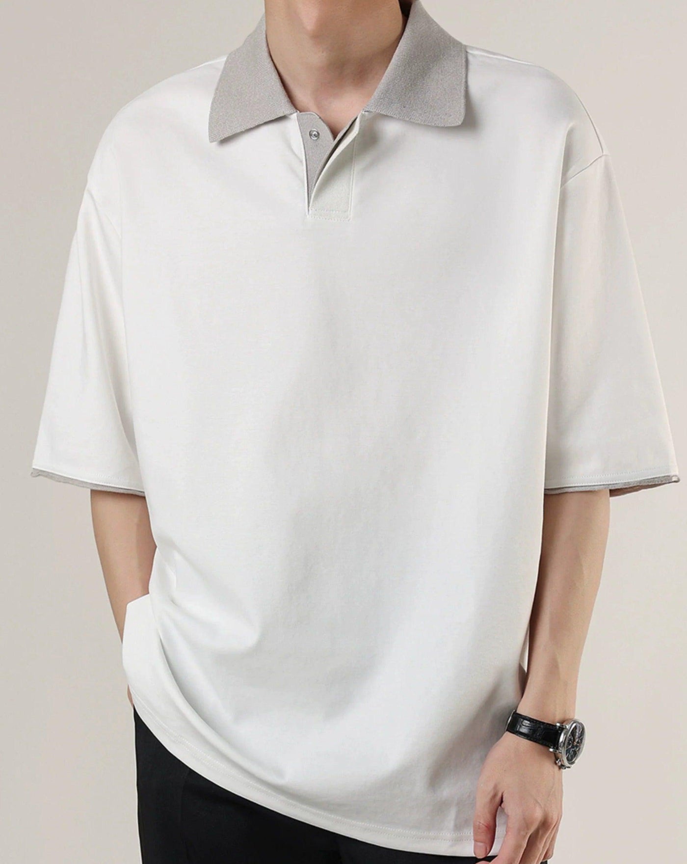 Zhou Textured Contrast Collar Polo-korean-fashion-Polo-Zhou's Closet-OH Garments
