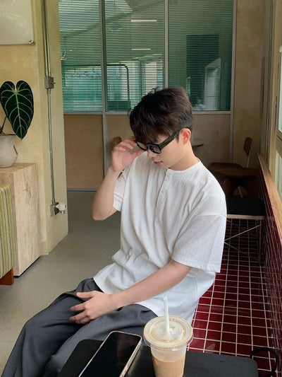 Zhou Textured Henley Collar T-Shirt-korean-fashion-T-Shirt-Zhou's Closet-OH Garments