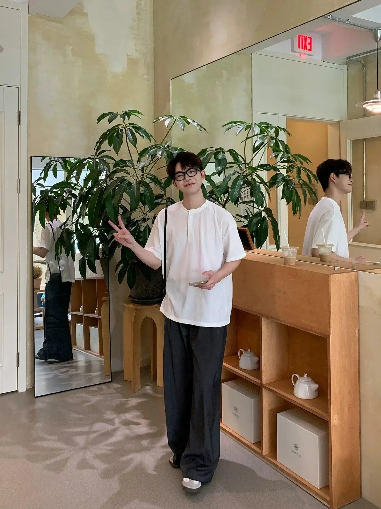Zhou Textured Henley Collar T-Shirt-korean-fashion-T-Shirt-Zhou's Closet-OH Garments