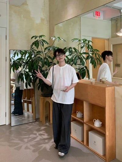 Zhou Textured Henley Collar T-Shirt-korean-fashion-T-Shirt-Zhou's Closet-OH Garments
