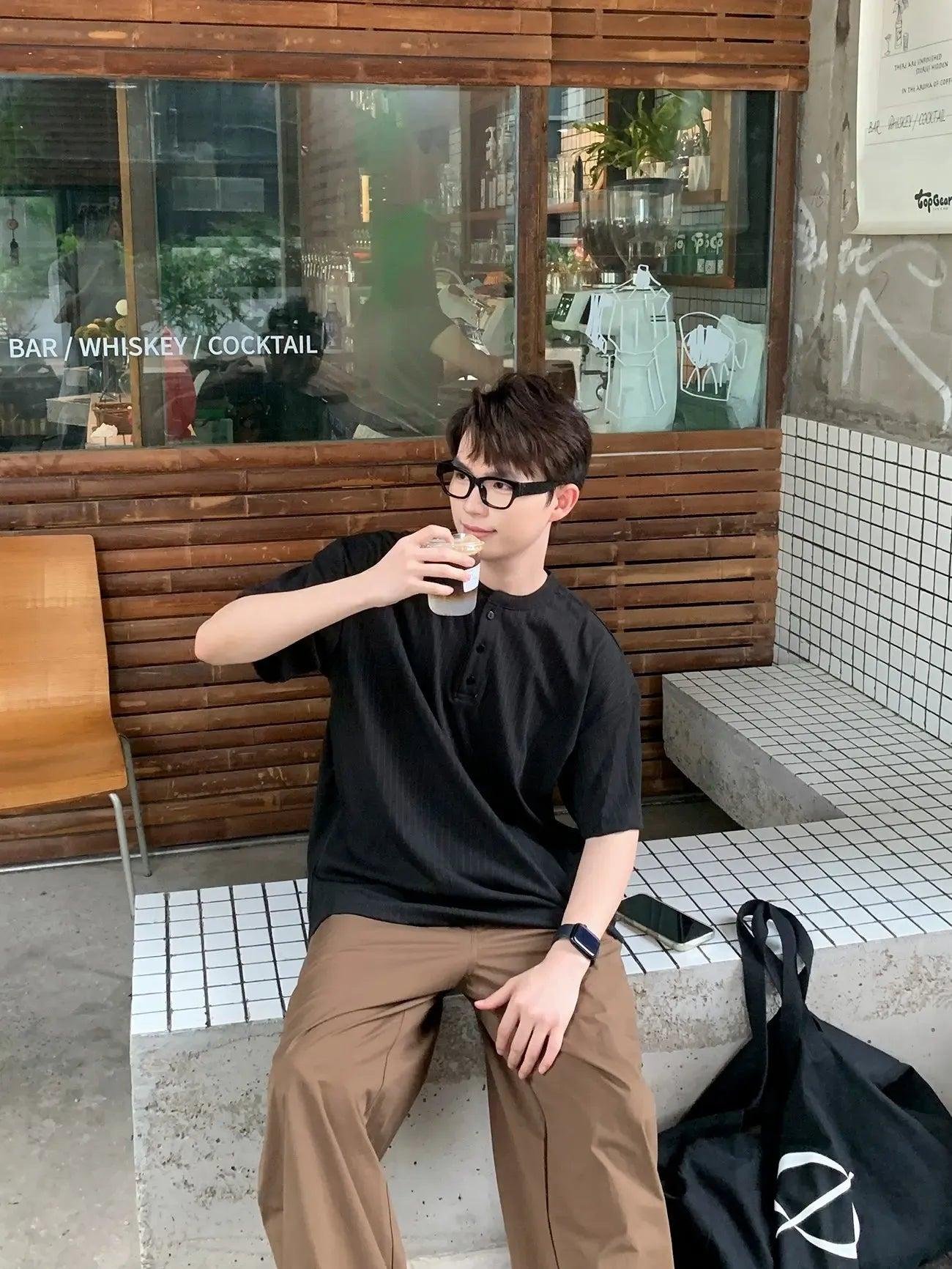 Zhou Textured Henley Collar T-Shirt-korean-fashion-T-Shirt-Zhou's Closet-OH Garments