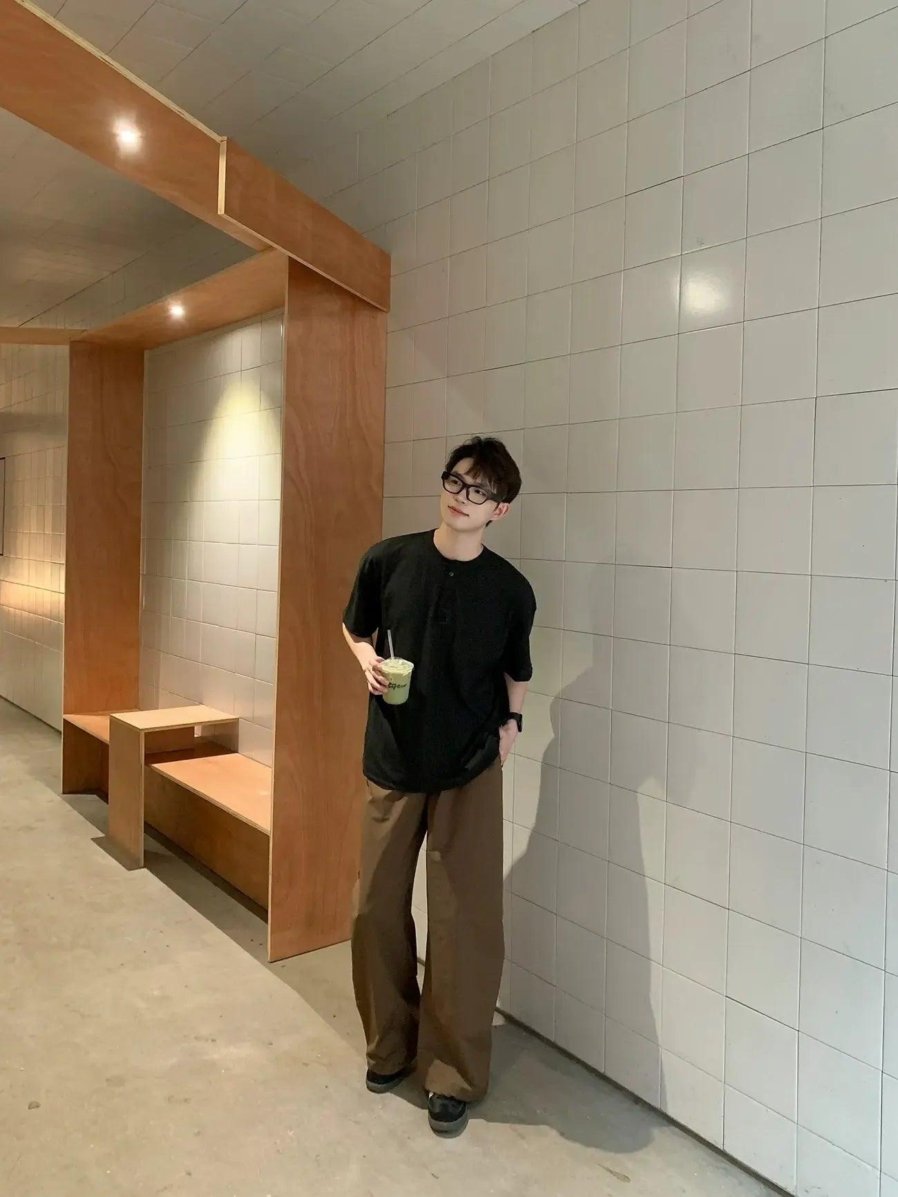 Zhou Textured Henley Collar T-Shirt-korean-fashion-T-Shirt-Zhou's Closet-OH Garments