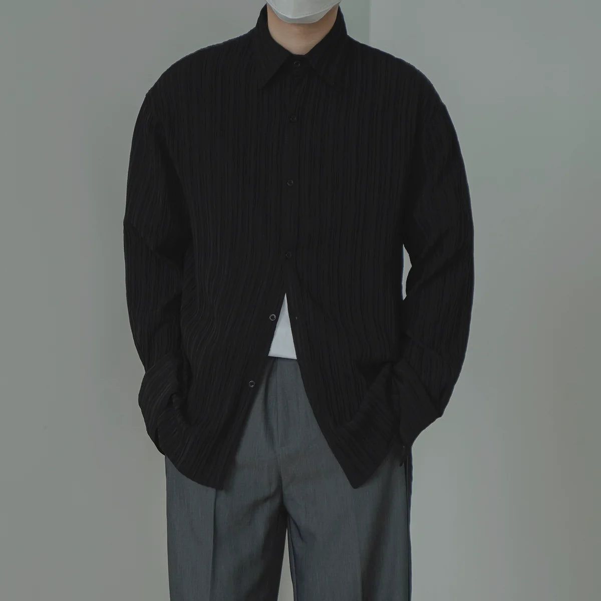 Zhou Textured Lines Buttoned Shirt-korean-fashion-Shirt-Zhou's Closet-OH Garments