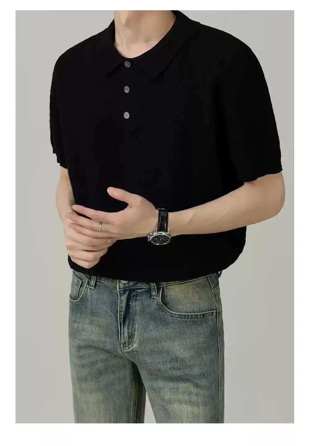 Zhou Textured Three-Buttons Knit Polo-korean-fashion-Polo-Zhou's Closet-OH Garments