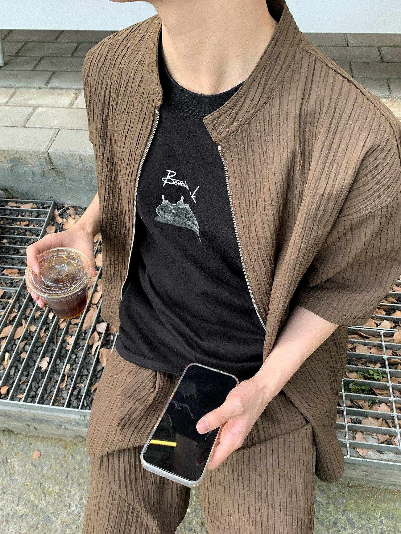 Zhou Textured Zipped Shirt & Shorts Set-korean-fashion-Clothing Set-Zhou's Closet-OH Garments