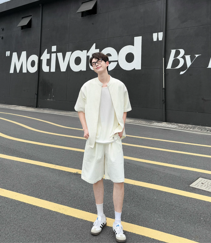 Zhou Textured Zipped Shirt & Shorts Set-korean-fashion-Clothing Set-Zhou's Closet-OH Garments
