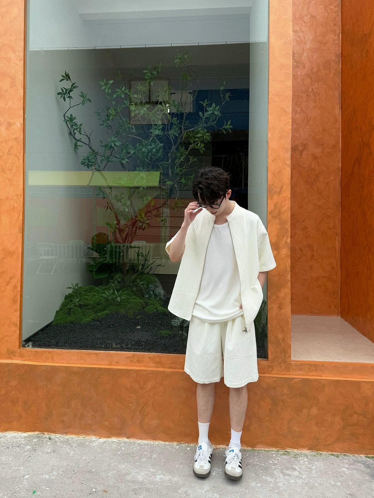 Zhou Textured Zipped Shirt & Shorts Set-korean-fashion-Clothing Set-Zhou's Closet-OH Garments