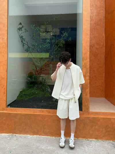 Zhou Textured Zipped Shirt & Shorts Set-korean-fashion-Clothing Set-Zhou's Closet-OH Garments