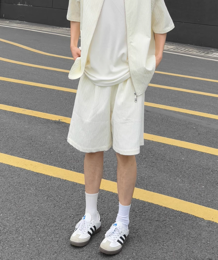 Zhou Textured Zipped Shirt & Shorts Set-korean-fashion-Clothing Set-Zhou's Closet-OH Garments