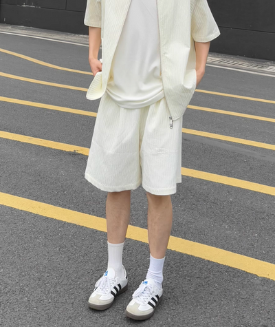 Zhou Textured Zipped Shirt & Shorts Set-korean-fashion-Clothing Set-Zhou's Closet-OH Garments