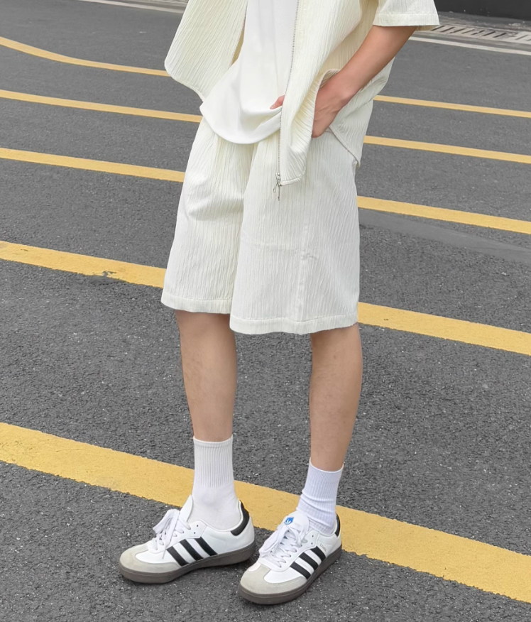 Zhou Textured Zipped Shirt & Shorts Set-korean-fashion-Clothing Set-Zhou's Closet-OH Garments