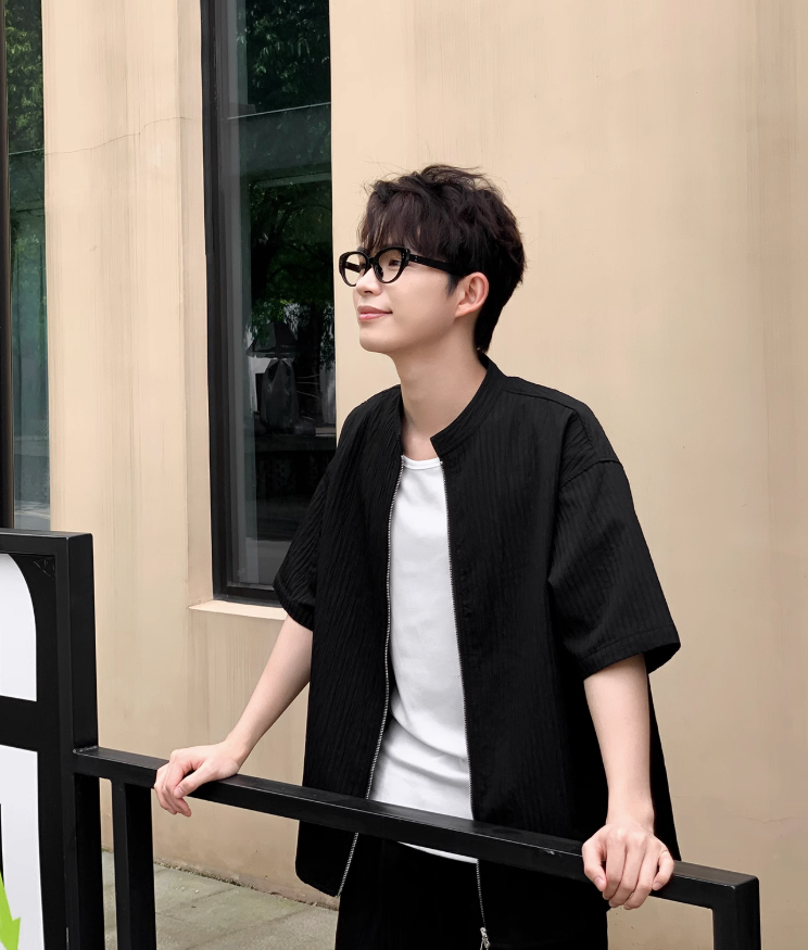 Zhou Textured Zipped Shirt & Shorts Set-korean-fashion-Clothing Set-Zhou's Closet-OH Garments
