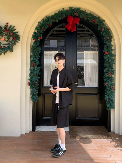 Zhou Textured Zipped Shirt & Shorts Set-korean-fashion-Clothing Set-Zhou's Closet-OH Garments