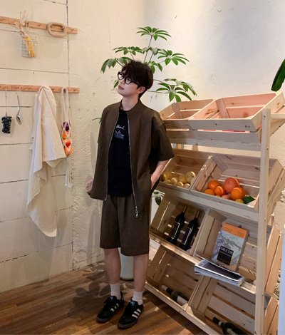 Zhou Textured Zipped Shirt & Shorts Set-korean-fashion-Clothing Set-Zhou's Closet-OH Garments