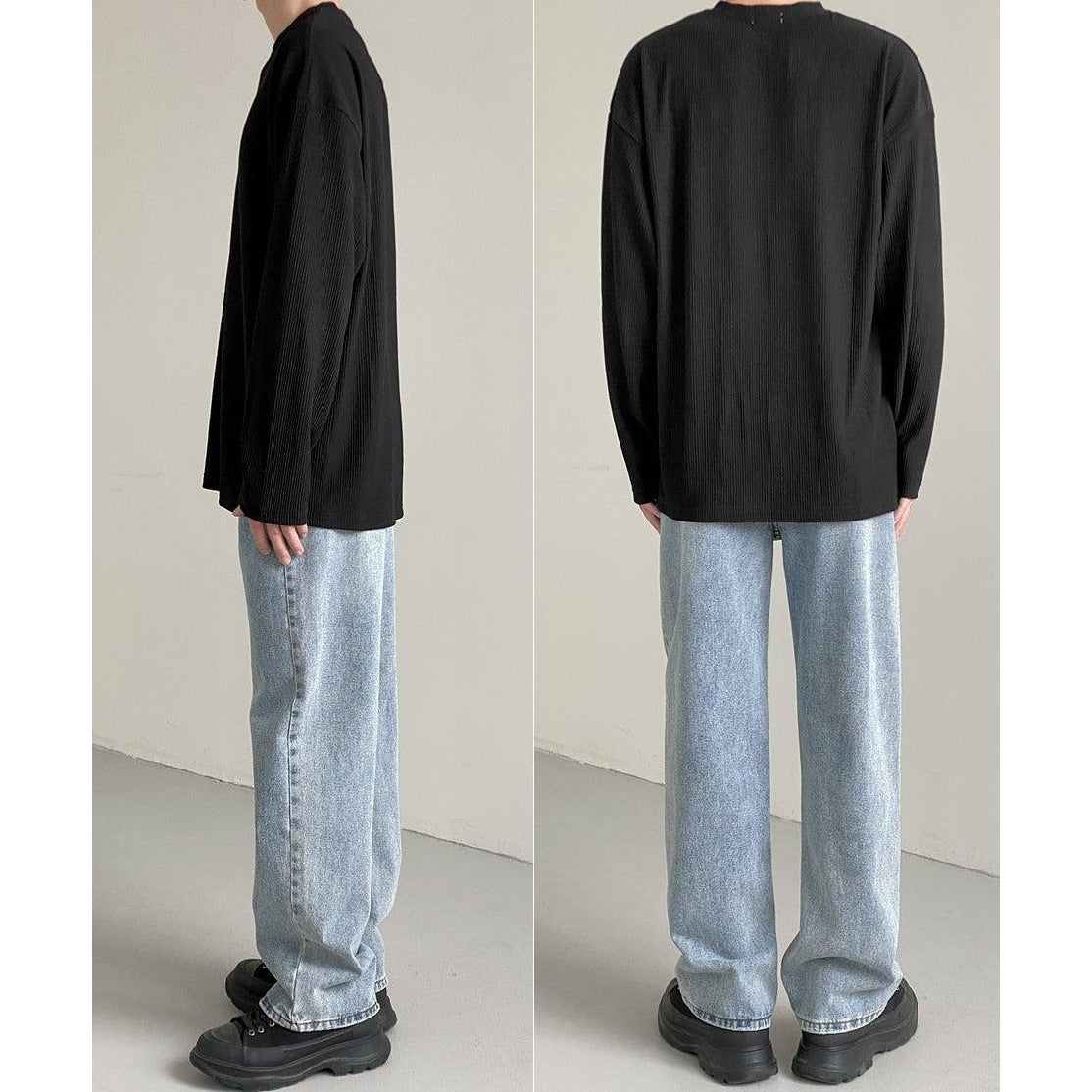 Zhou Thin Lines Textured Long Sleeve T-Shirt-korean-fashion-T-Shirt-Zhou's Closet-OH Garments
