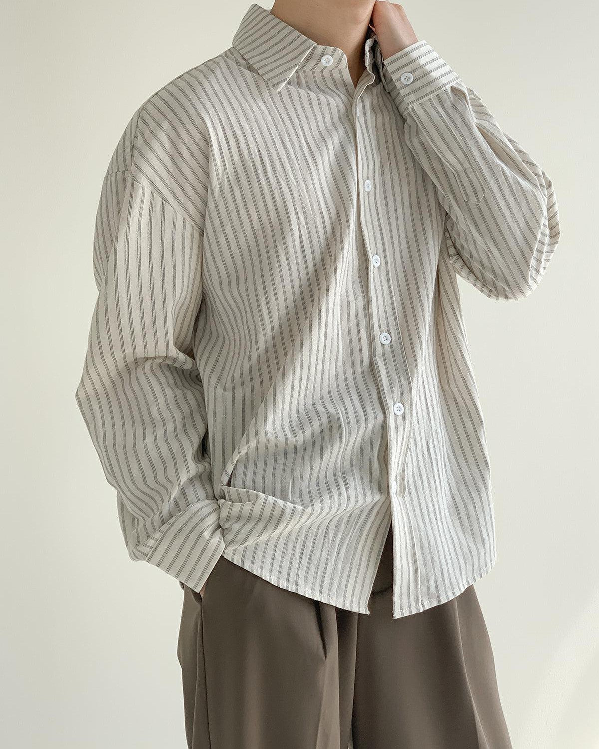 Zhou Thin Vertical Stripes Long Sleeve Shirt-korean-fashion-Shirt-Zhou's Closet-OH Garments