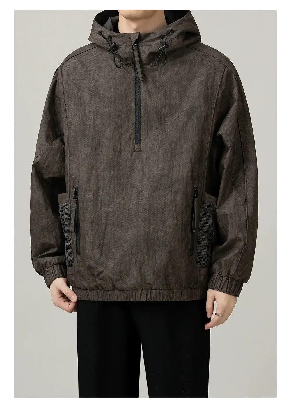 Zhou Utility Mesh Side Pockets Hooded Half-Zip-korean-fashion-Half-Zip-Zhou's Closet-OH Garments