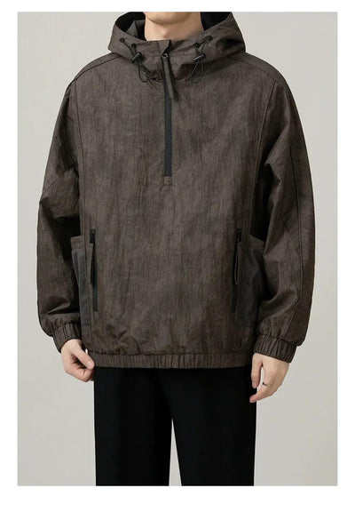 Zhou Utility Mesh Side Pockets Hooded Half-Zip-korean-fashion-Half-Zip-Zhou's Closet-OH Garments