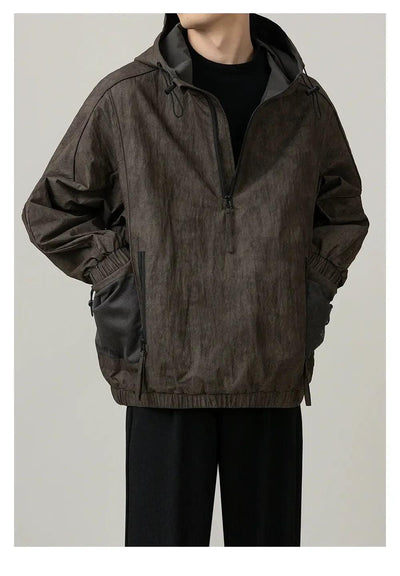 Zhou Utility Mesh Side Pockets Hooded Half-Zip-korean-fashion-Half-Zip-Zhou's Closet-OH Garments