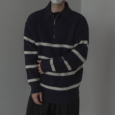 Zhou Waffle Grid Striped Half-Zip-korean-fashion-Half-Zip-Zhou's Closet-OH Garments