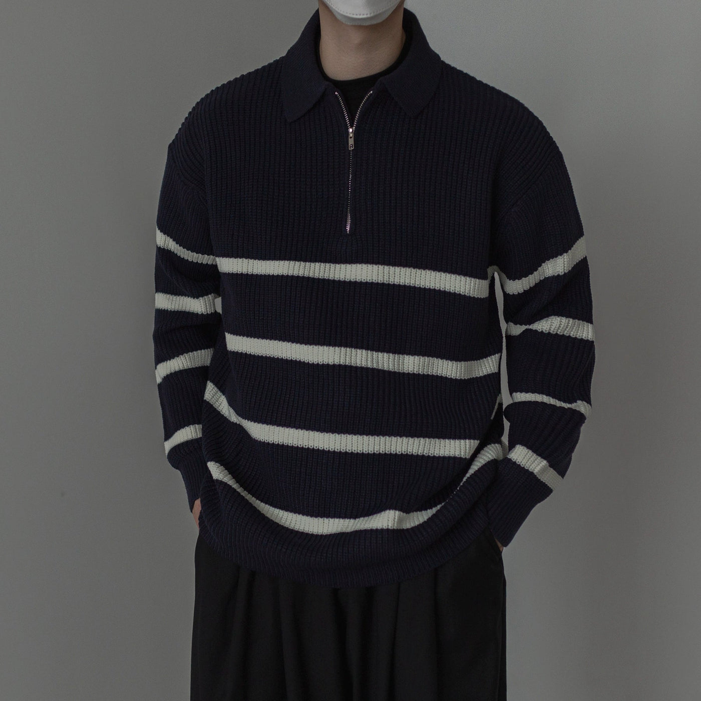 Zhou Waffle Grid Striped Half-Zip-korean-fashion-Half-Zip-Zhou's Closet-OH Garments