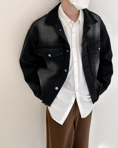Zhou Washed Flap Pocket Raw Edge Denim Jacket-korean-fashion-Jacket-Zhou's Closet-OH Garments