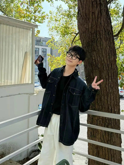 Zhou Washed Pocket Detail Denim Shirt-korean-fashion-Shirt-Zhou's Closet-OH Garments