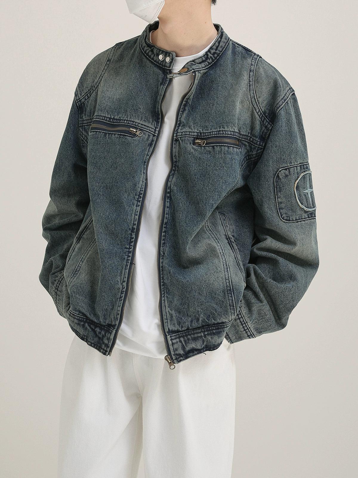 Zhou Washed Stand Collar Denim Jacket-korean-fashion-Jacket-Zhou's Closet-OH Garments