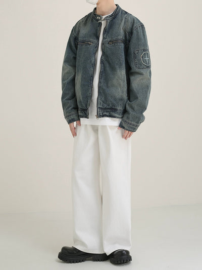 Zhou Washed Stand Collar Denim Jacket-korean-fashion-Jacket-Zhou's Closet-OH Garments